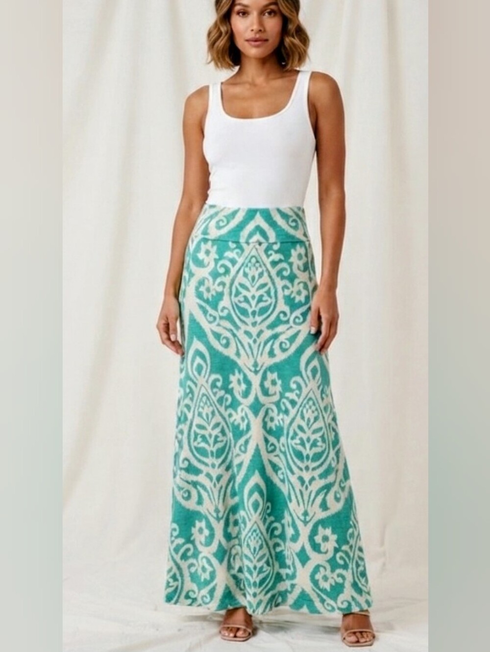 Cezanne Mint Teal Damask Ikat Print Maxi Skirt Small S